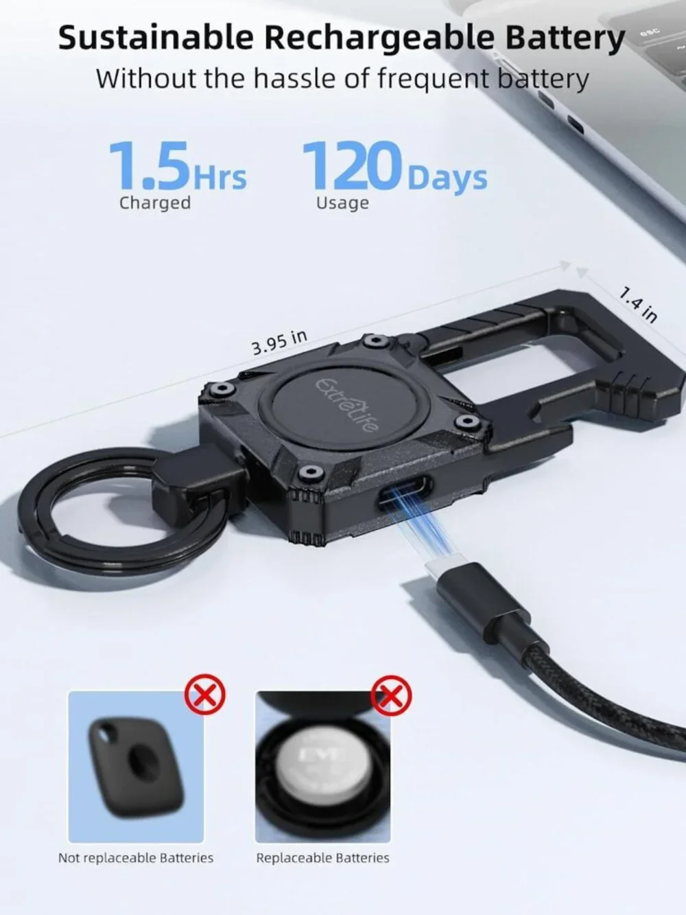 GPS Tracker Keychain with Bottle Opener & Carabiner - Works with Apple Find My